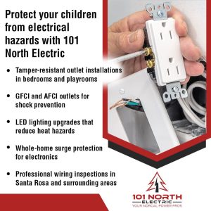 A close-up of a hand installing a new electrical outlet, with text detailing ways to protect children from electrical hazards with 101 North Electric.