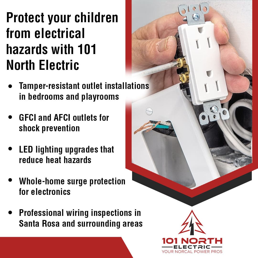 A close-up of a hand installing a new electrical outlet, with text detailing ways to protect children from electrical hazards with 101 North Electric.