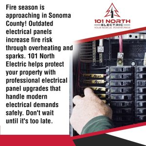 A hand points to labels within an open electrical panel, accompanied by text about fire season in Sonoma County and the importance of electrical panel upgrades.