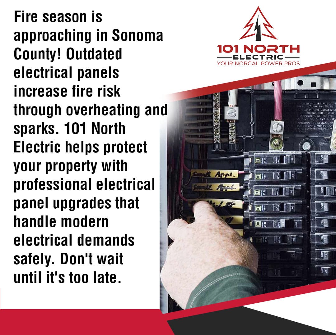 A hand points to labels within an open electrical panel, accompanied by text about fire season in Sonoma County and the importance of electrical panel upgrades.