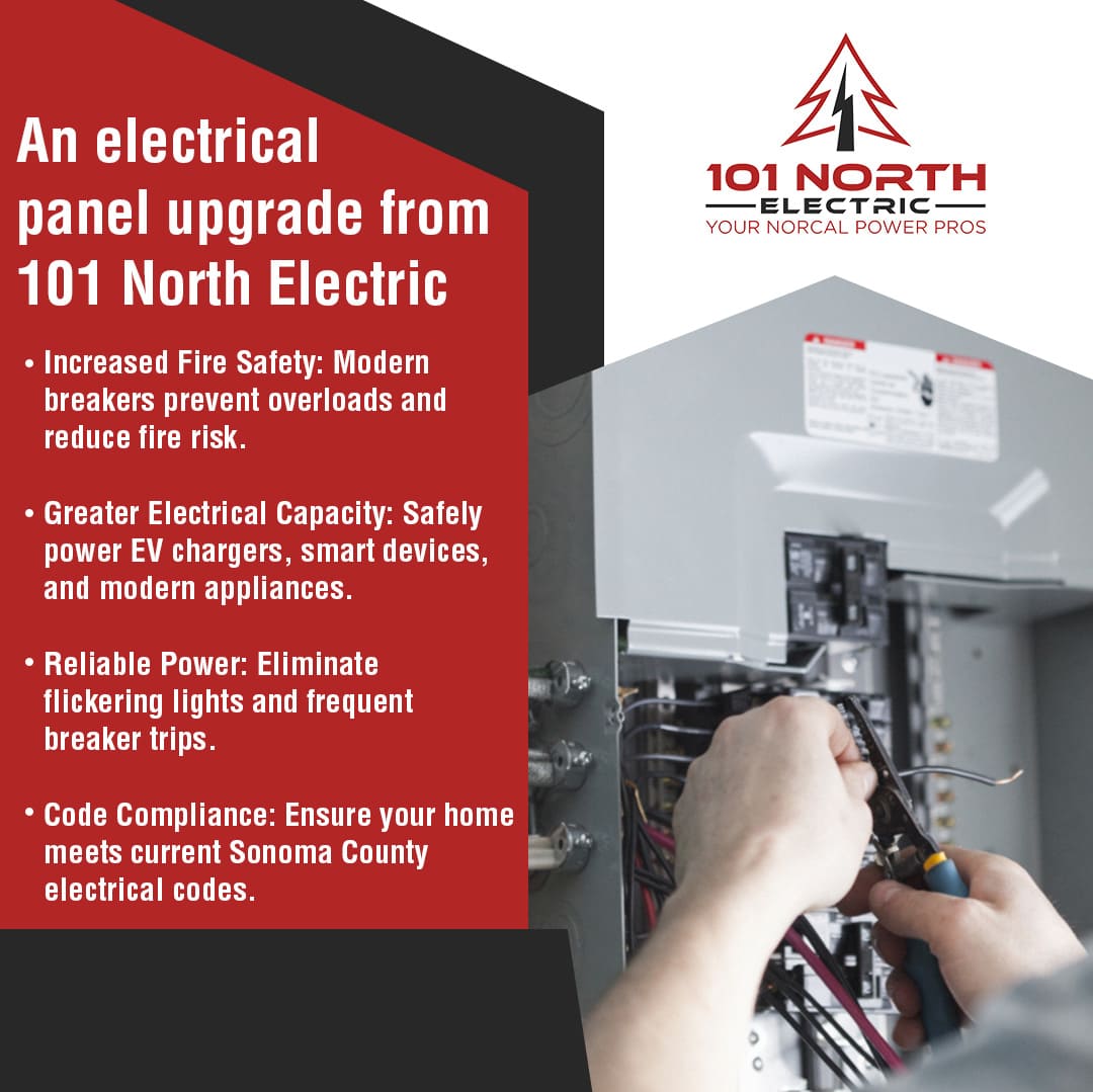 101 North Electric advertisement showing an electrician working on an electrical panel. The text highlights the benefits of an electrical panel upgrade, including increased fire safety, greater electrical capacity, reliable power, and code compliance in Sonoma County.