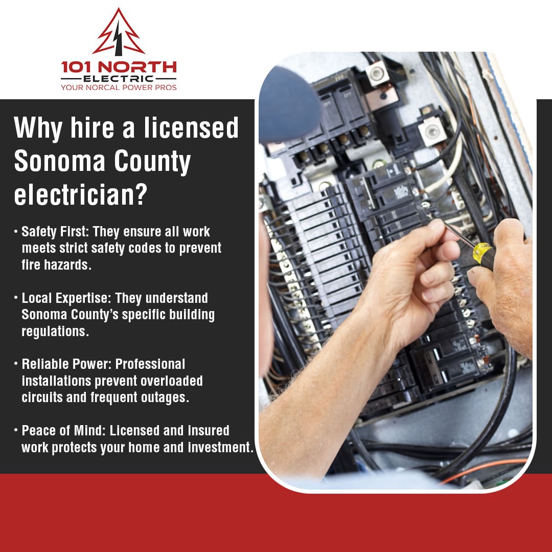 101 North Electric advertisement showing an electrician's hands working on an electrical panel. The text explains why hiring a licensed Sonoma County electrician is important, citing safety, local expertise, reliable power, and peace of mind.